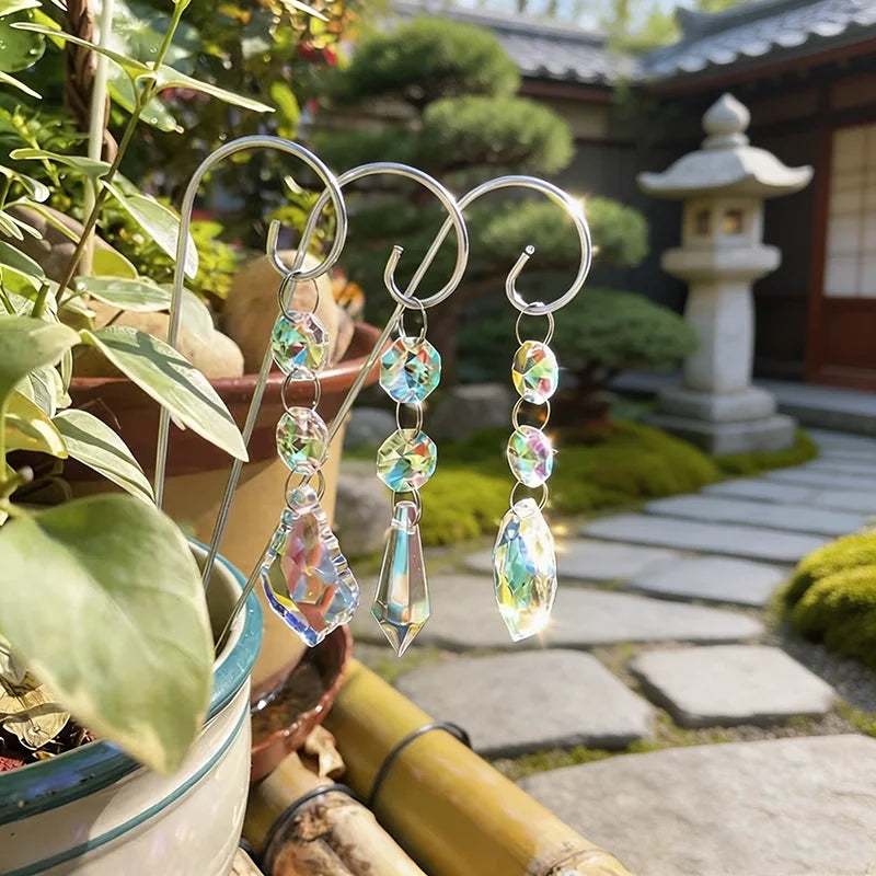 6Pcs Crystal Suncatcher Garden Stakes Mini Colorful Crystal Prism Hanging Ornaments Outdoor Potted Plant Yard Home Decor